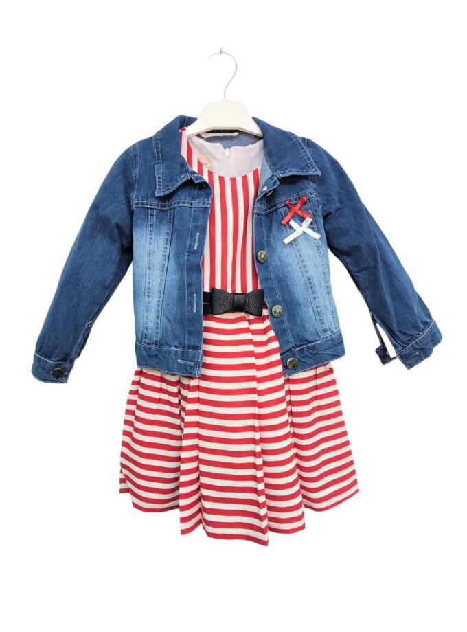 Σύνολο Τζιν Μπουφάν και Ριγέ Φόρεμα - Νο 2-5 ετών