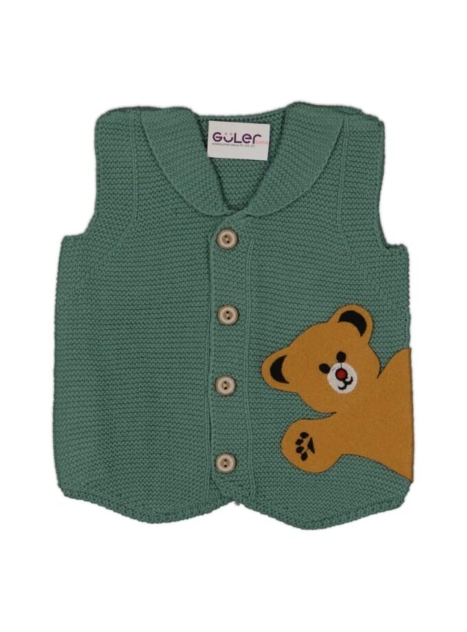 Αμάνικο Γιλέκο Πλεκτό Αρκουδάκι Πετρόλ - Νο 0-5 ετών