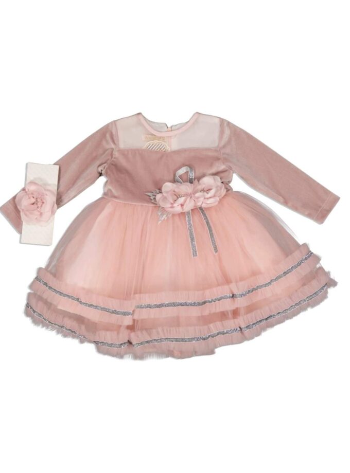 Φόρεμα Αμπιγιέ Βελούδο Ροζ – Νο 1-3 ετών