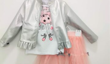 Σύνολο Ασημί Δερματίνη με Φούστα Σομόν Junior - Νο