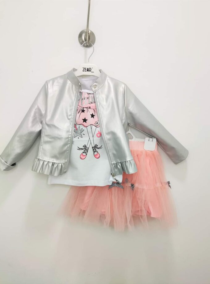 Σύνολο Ασημί Δερματίνη με Φούστα Σομόν Junior - Νο