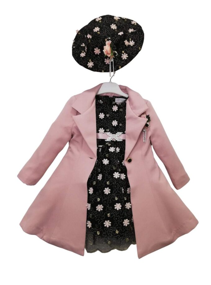 Σύνολο Μαντό Ροζ και Φόρεμα Μαύρο Φλοράλ Mini - Νο 2-5 ετών