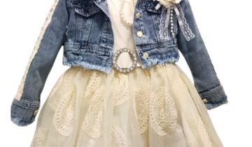 Σύνολο Τζιν Τζάκετ με Δανδέλα και Πλούσιο Φόρεμα Εκρού Mini - Νο 2-6 ετών