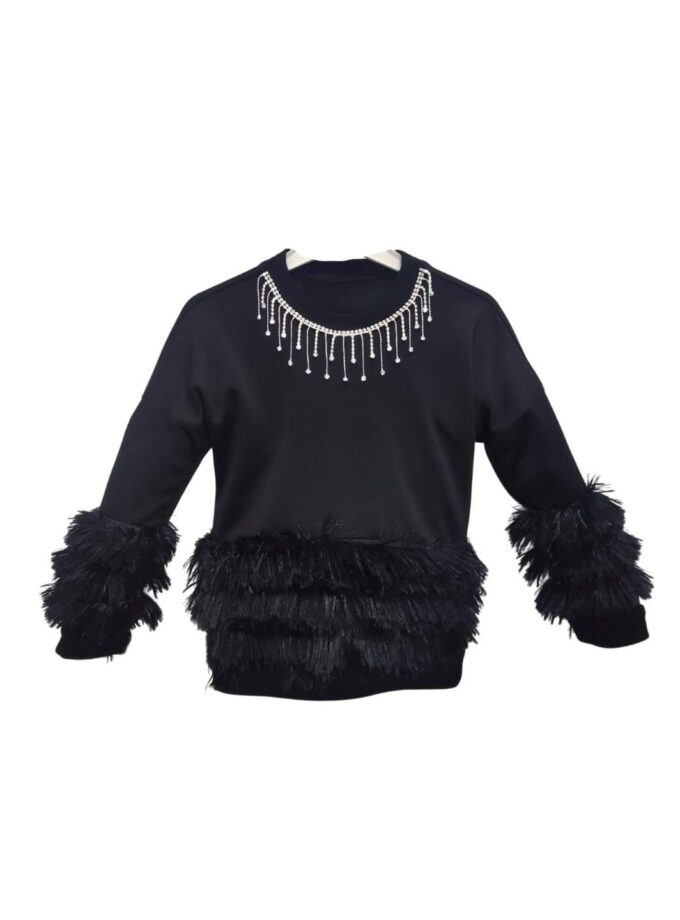 Μπλούζα με Κρόσια και Γουνάκι Μαύρη - Νο 6-10 ετών