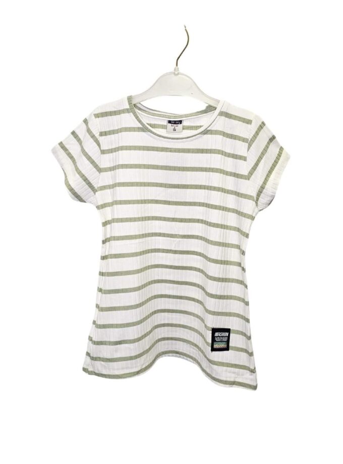 Μπλούζα Ριγέ Κοντομάνικη Άσπρο-Βεραμάν Junior - Νο 9-12 ετών