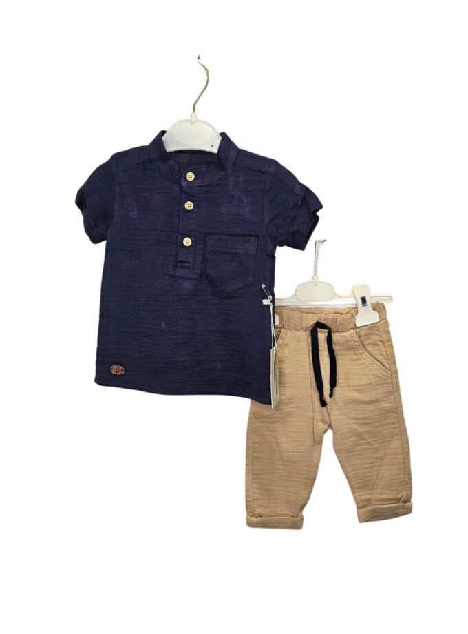 Σύνολο Μπλε Πουκάμισο Μπεζ Παντελόνι Λινό Bebe - Νο 6-24 μηνών