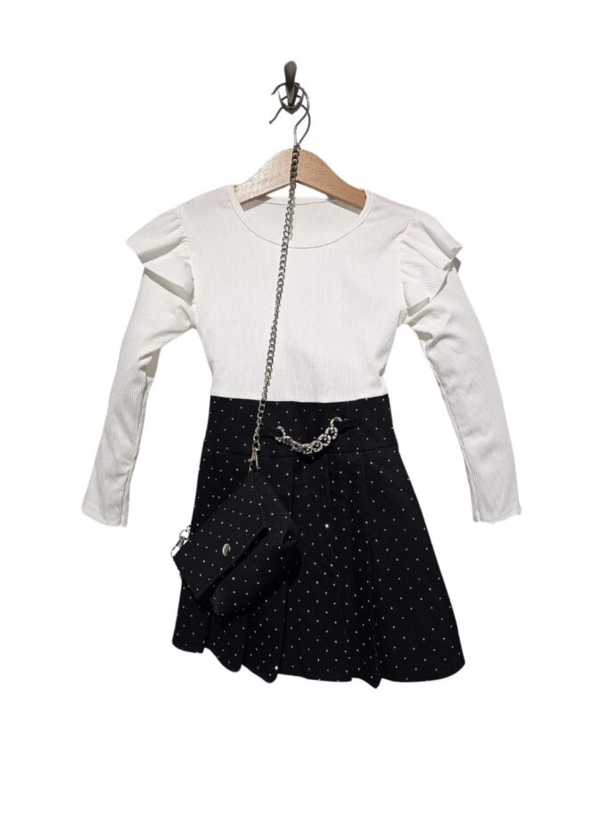 Φόρεμα Ασπρόμαυρο με Στρας και Τσάντα Junior - Νο 4-14 ετών