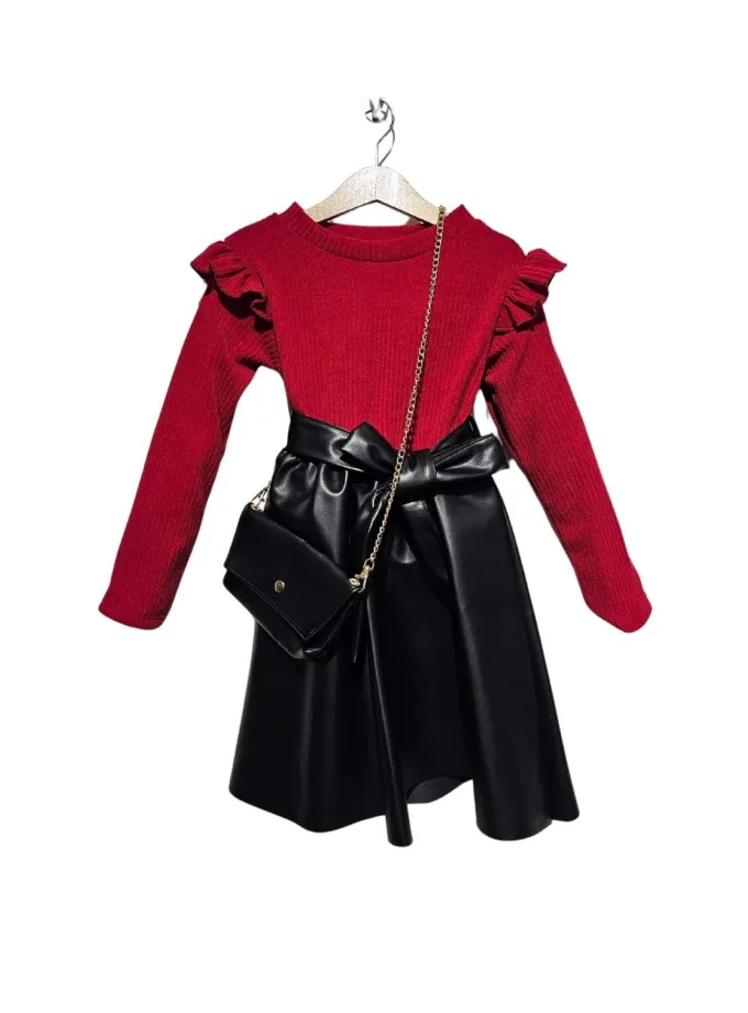 Φόρεμα Μπορντό με Δερματίνη