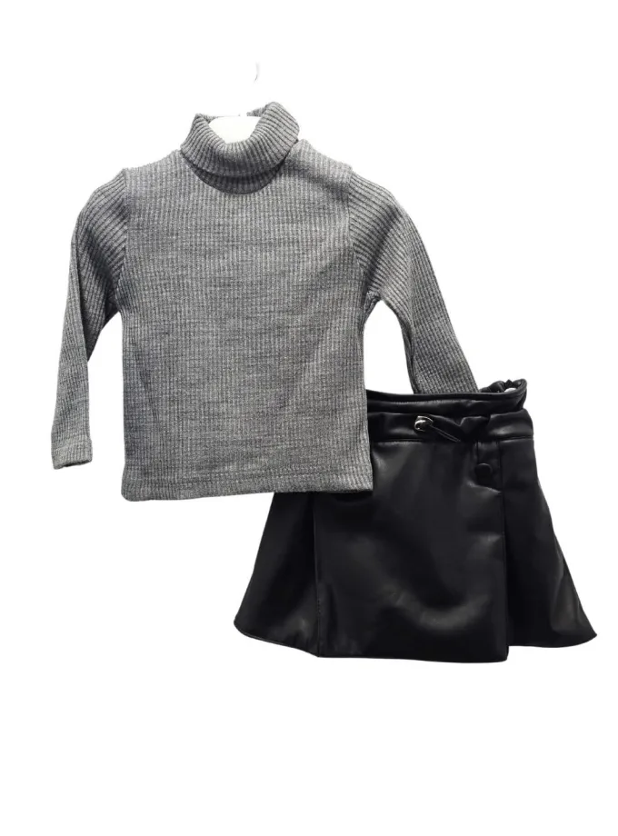 Σύνολο Πλεκτή Μπλούζα με Δερματίνη Φούστα Γκρι