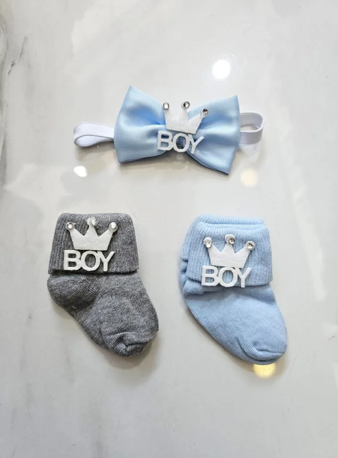 Σετ Newborn Καλτσάκια-Παπιγιόν Boy Γκρι-Σιελ