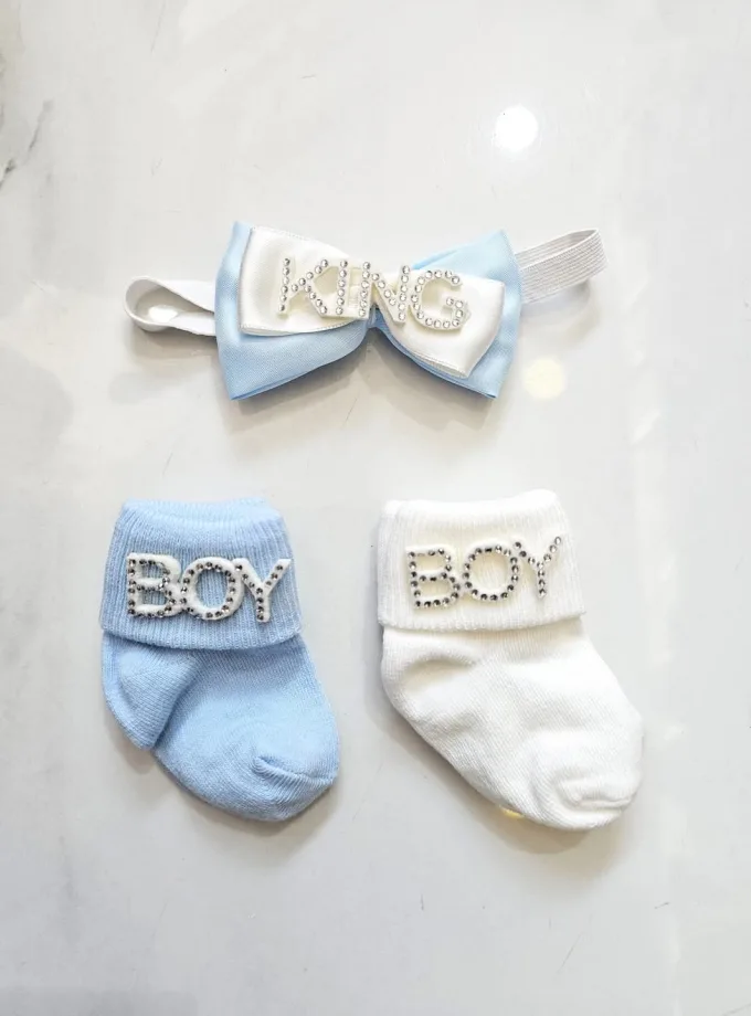 Σετ Newborn Καλτσάκια-Παπιγιόν KING BOY Σιελ