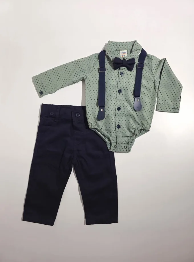 Σύνολο Ελιά Πουκάμισο- Μπλε Παντελόνι και Τιράντες Bebe