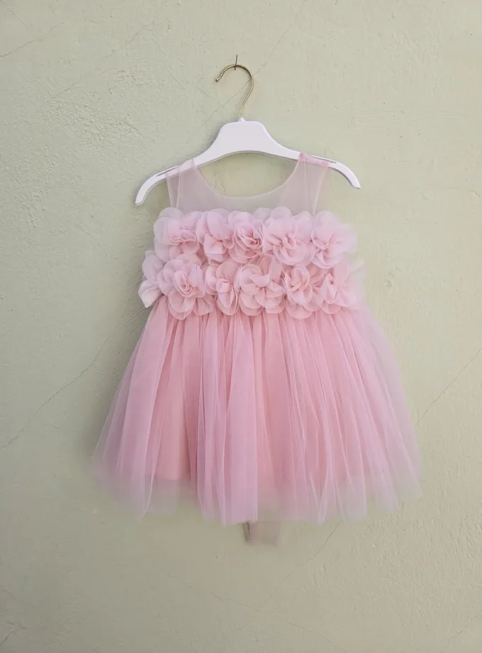 Φόρεμα Αμπιγιέ Ροζ με Λουλουδένιο Μπούστο Mini