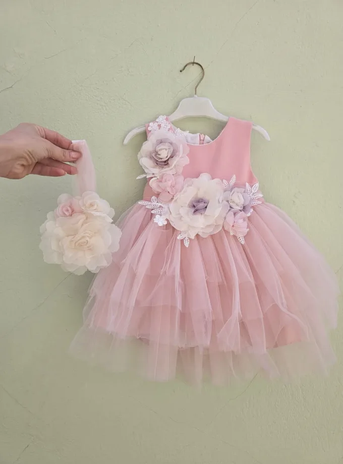 Φόρεμα Σάπιο Μήλο με 3D Παστέλ Λουλούδια Mini