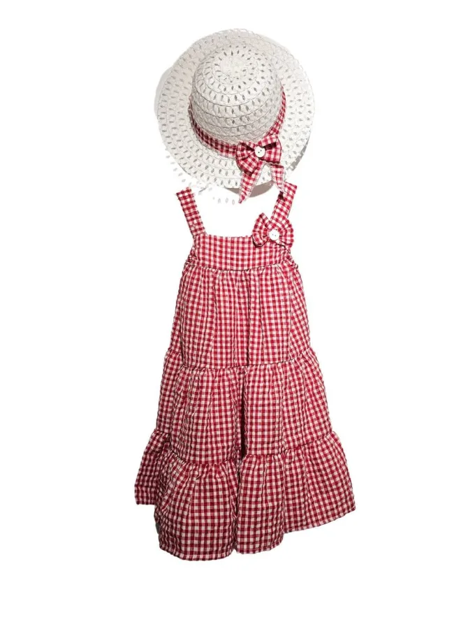 Φόρεμα Κόκκινο Καρό Maxi με Καπέλο