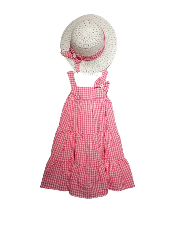 Φόρεμα Ροζ Καρό Maxi με Καπέλο