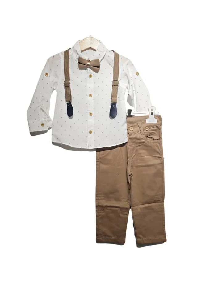 Σύνολο Άσπρο Πουκάμισο με Σχεδιάκια-Μπεζ Παντελόνι