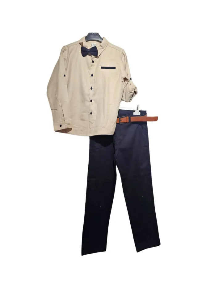 Σύνολο Μπεζ Πουκάμισο-Μπλε Παντελόνι με Ζώνη