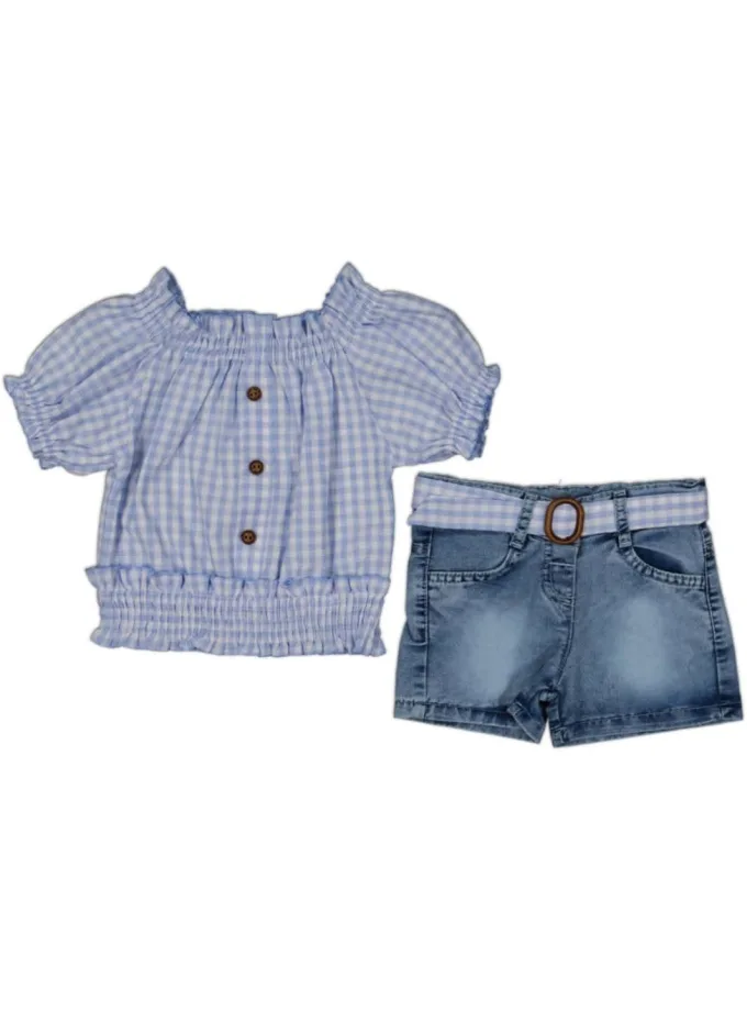Σύνολο Πουκαμισάκι Καρό και Τζιν Σορτς Σιελ