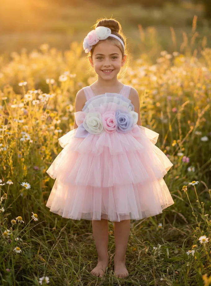 Φόρεμα Αμπιγέ Flowers Ροζ - Νο 1-5 ετών