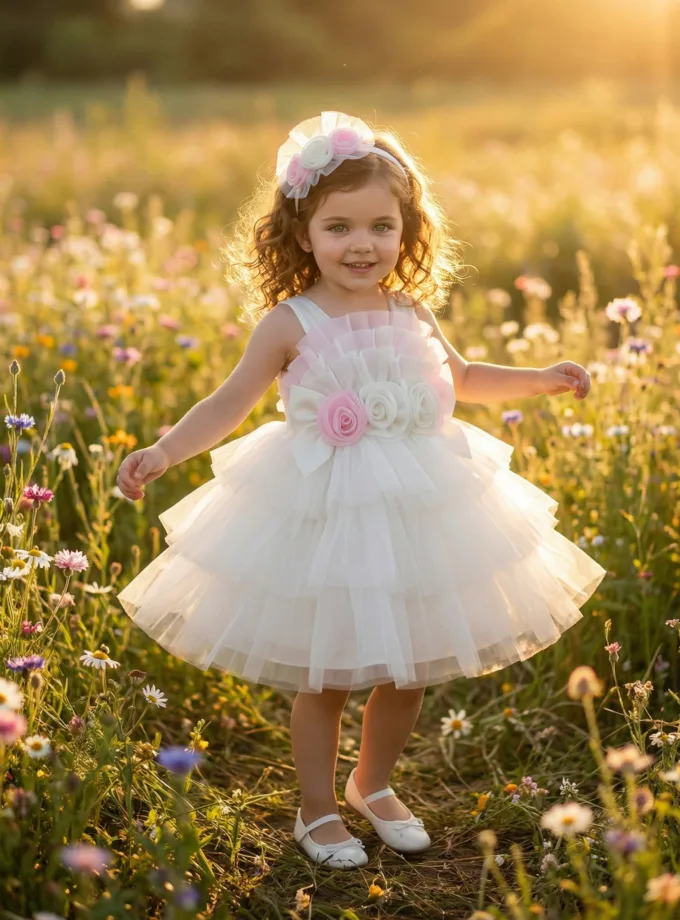 Φόρεμα Αμπιγέ Flowers Λευκό - Νο 1-5 ετών