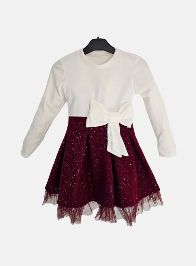 Φόρεμα Λευκό-Μπορντό Bow Junior