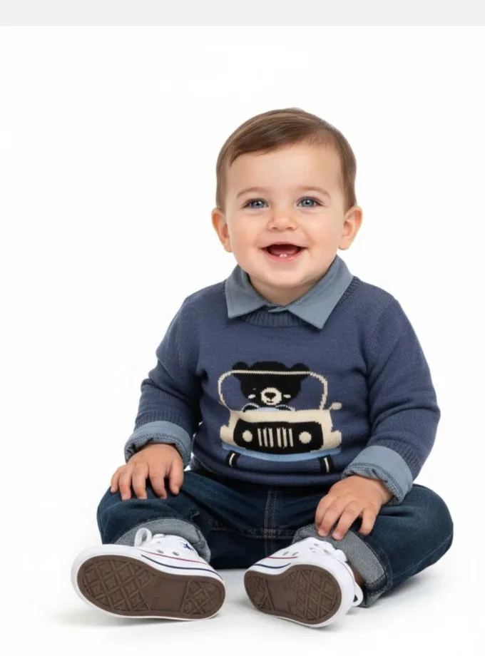 Σύνολο Πλεκτό Μπλε με Αρκουδάκι-Πουκάμισο-Τζιν Bebe