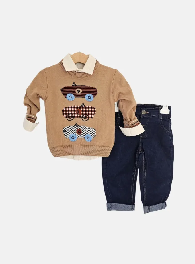 Σύνολο Πλεκτό Μπεζ Cars και Τζιν Bebe