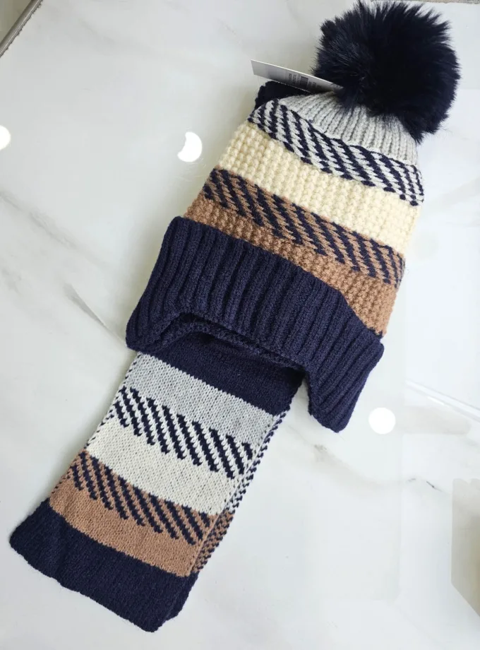 Σετ Σκουφάκι-Κασκόλ Μπεζ-Μπλε