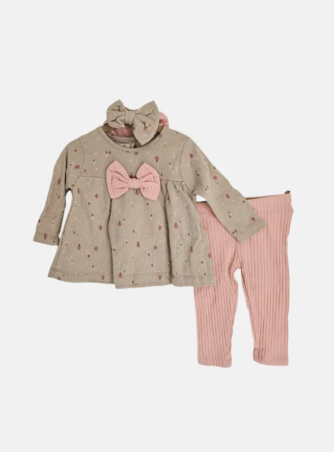 Σύνολο Μπεζ με Κολάν Ροζ και Κορδέλα