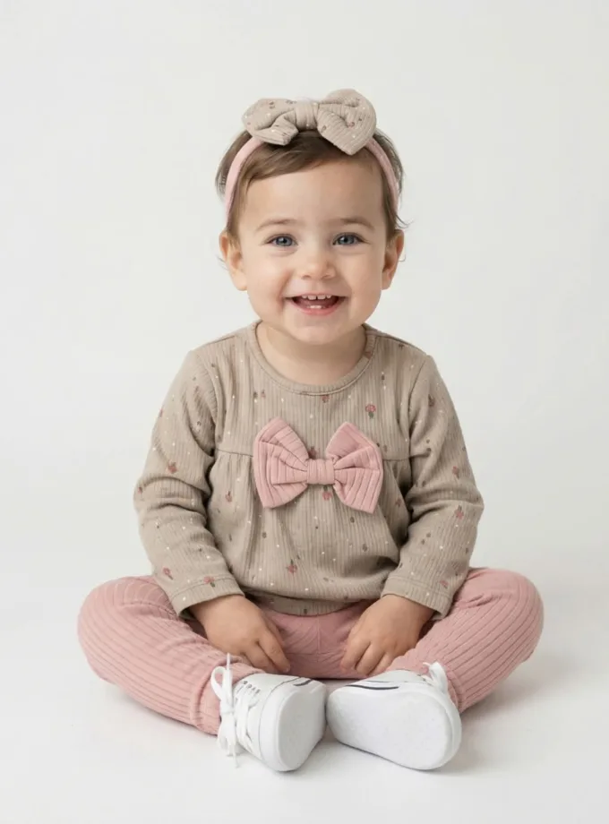 Σύνολο Μπεζ με Κολάν Ροζ και Κορδέλα