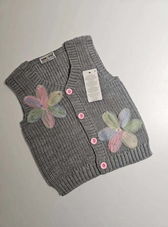 Αμάνικο Πλεκτό Λουλουδάκια Γκρι Mini