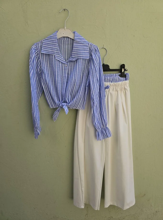 Σύνολο Γαλάζιο Πουκάμισο Ριγέ και Παντελόνα Λευκή