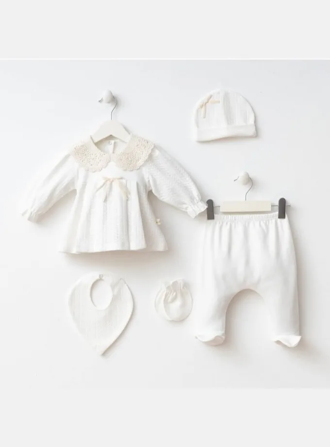 Σύνολο Λευκό 5 Τεμ με Γιακά Βελονάκι Newborn
