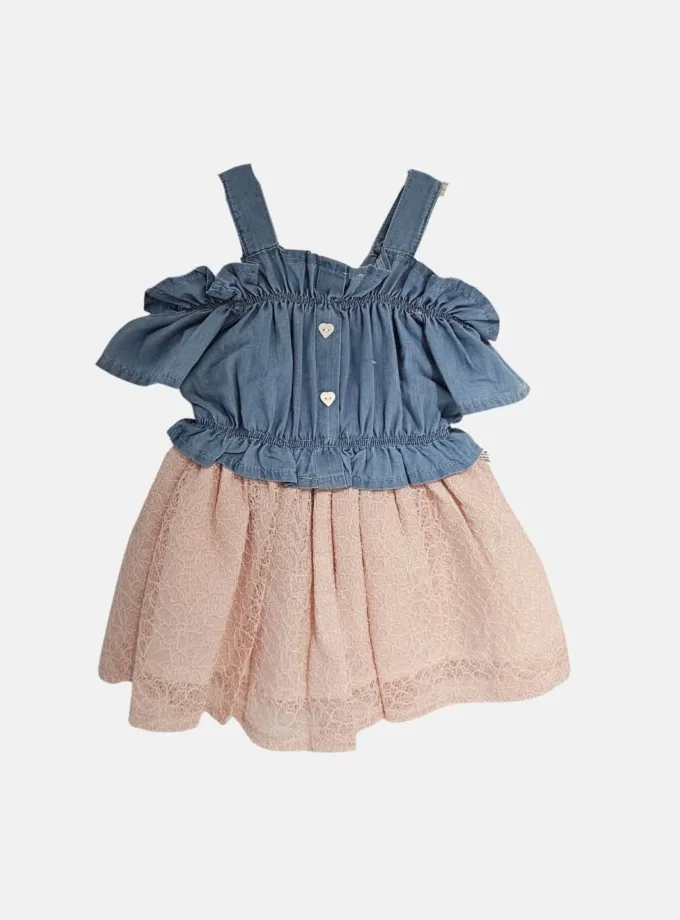 Φόρεμα Τζιν με Σομόν Δανδελένια Φούστα Bebe