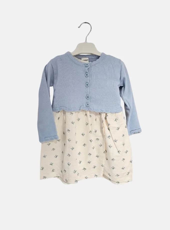 Φόρεμα Εκρού - Γαλάζιες Κορδελίτσες και Ζακετάκι Σιελ Bebe